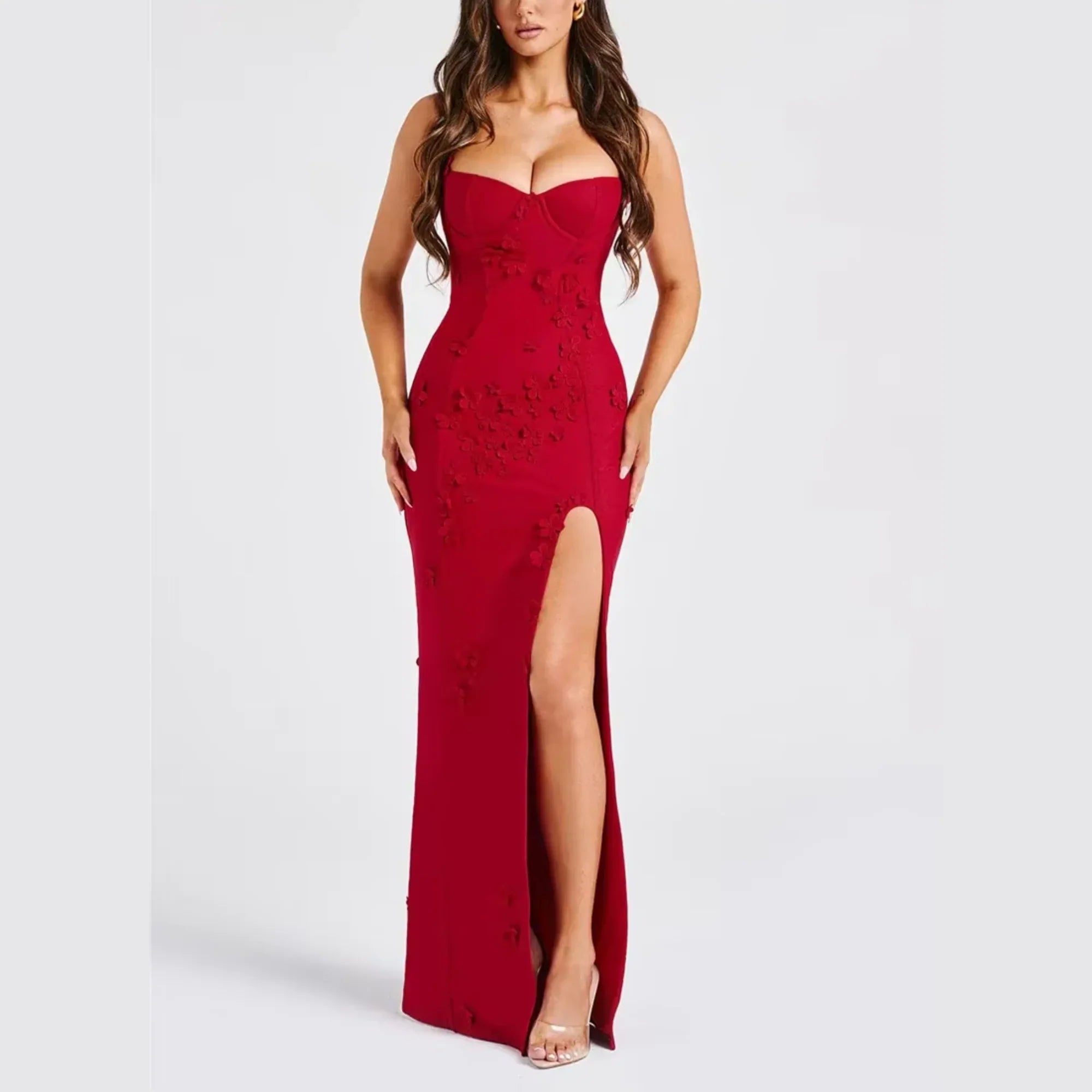Red Sweetheart Neckline Spaghetti Strap 3D Floral Applique High Slit Mermaid Floor Length Prom Dress
