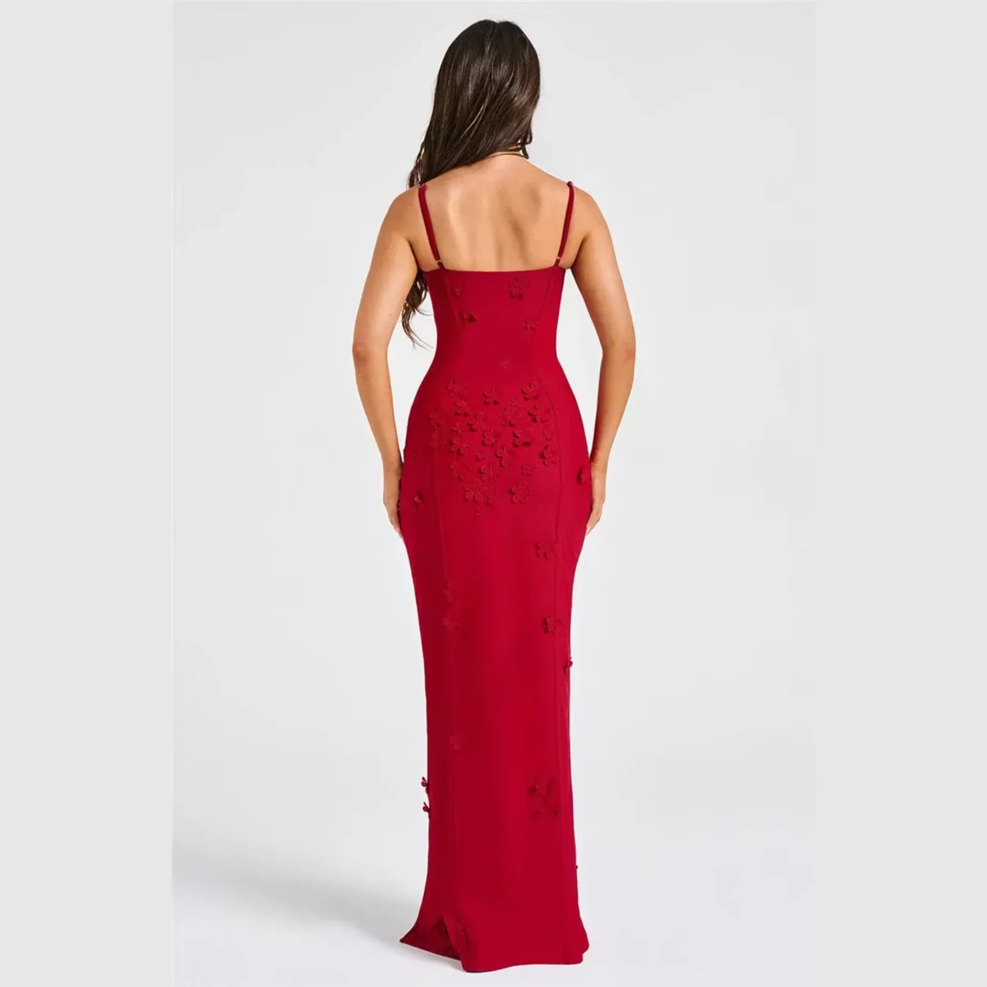 Red Sweetheart Neckline Spaghetti Strap 3D Floral Applique High Slit Mermaid Floor Length Prom Dress