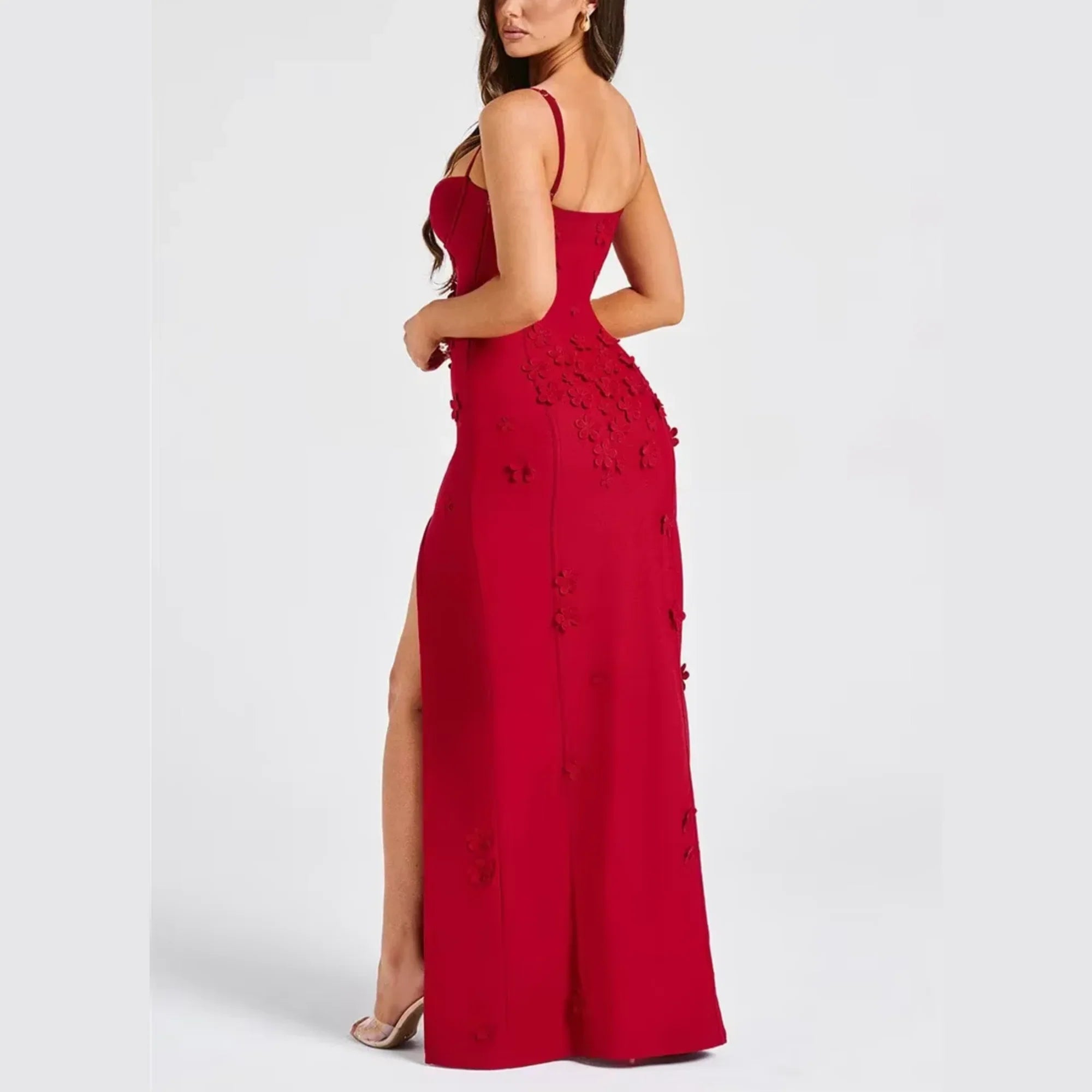 Red Sweetheart Neckline Spaghetti Strap 3D Floral Applique High Slit Mermaid Floor Length Prom Dress