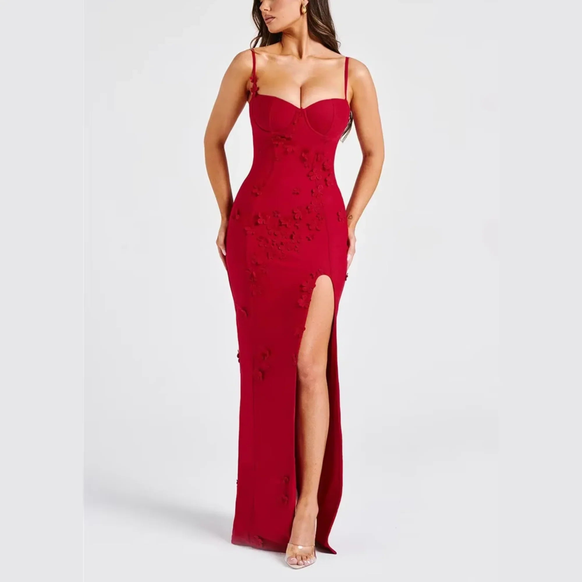 Red Sweetheart Neckline Spaghetti Strap 3D Floral Applique High Slit Mermaid Floor Length Prom Dress