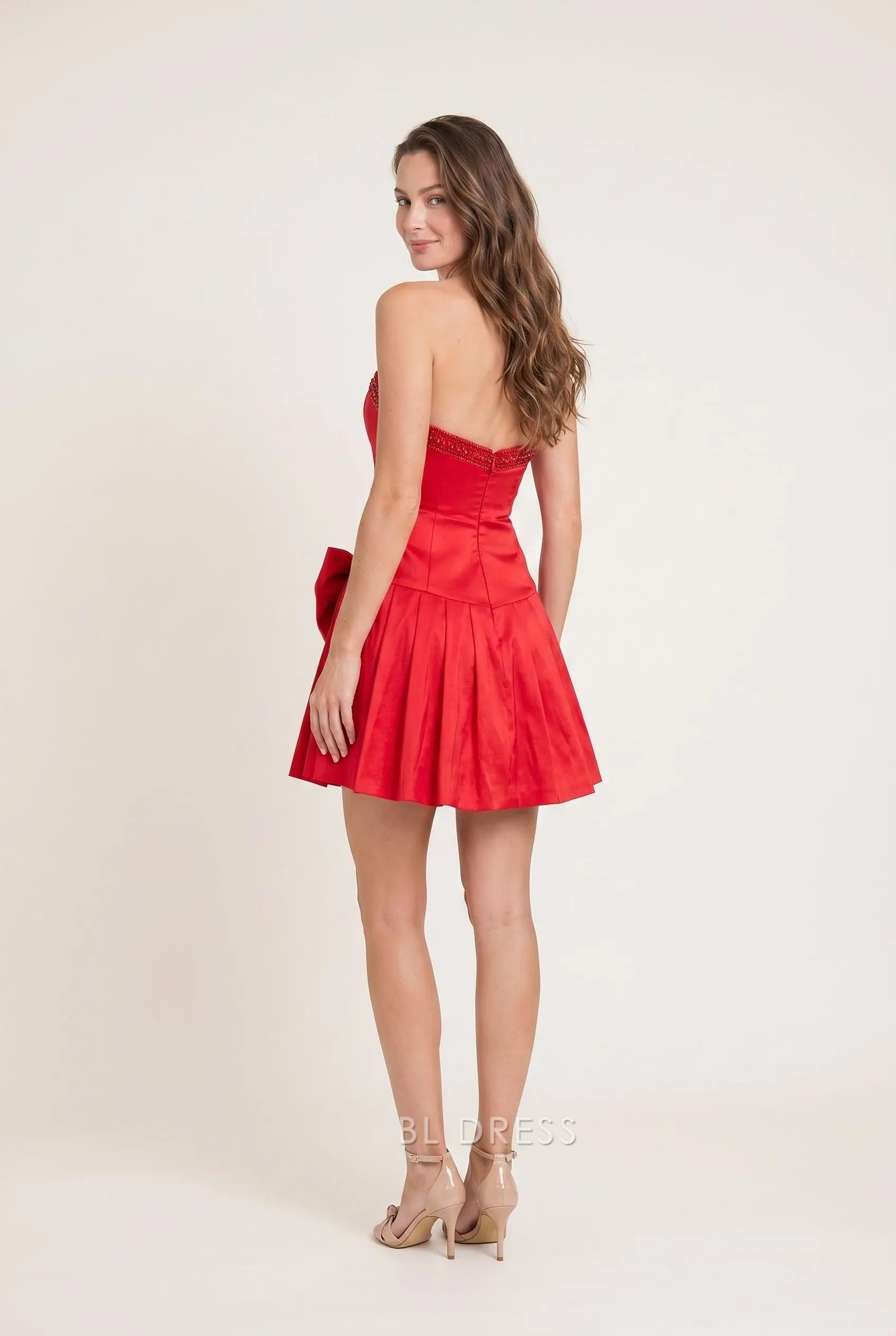 Red Taffeta Strapless Beaded Trim Large Bow Waist Pleated A Line Mini Homecoming Dress