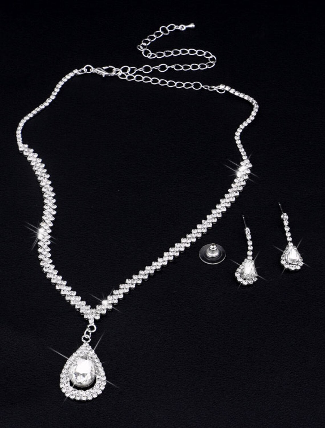 Elegant rhinestone tennis chain necklace on a model.