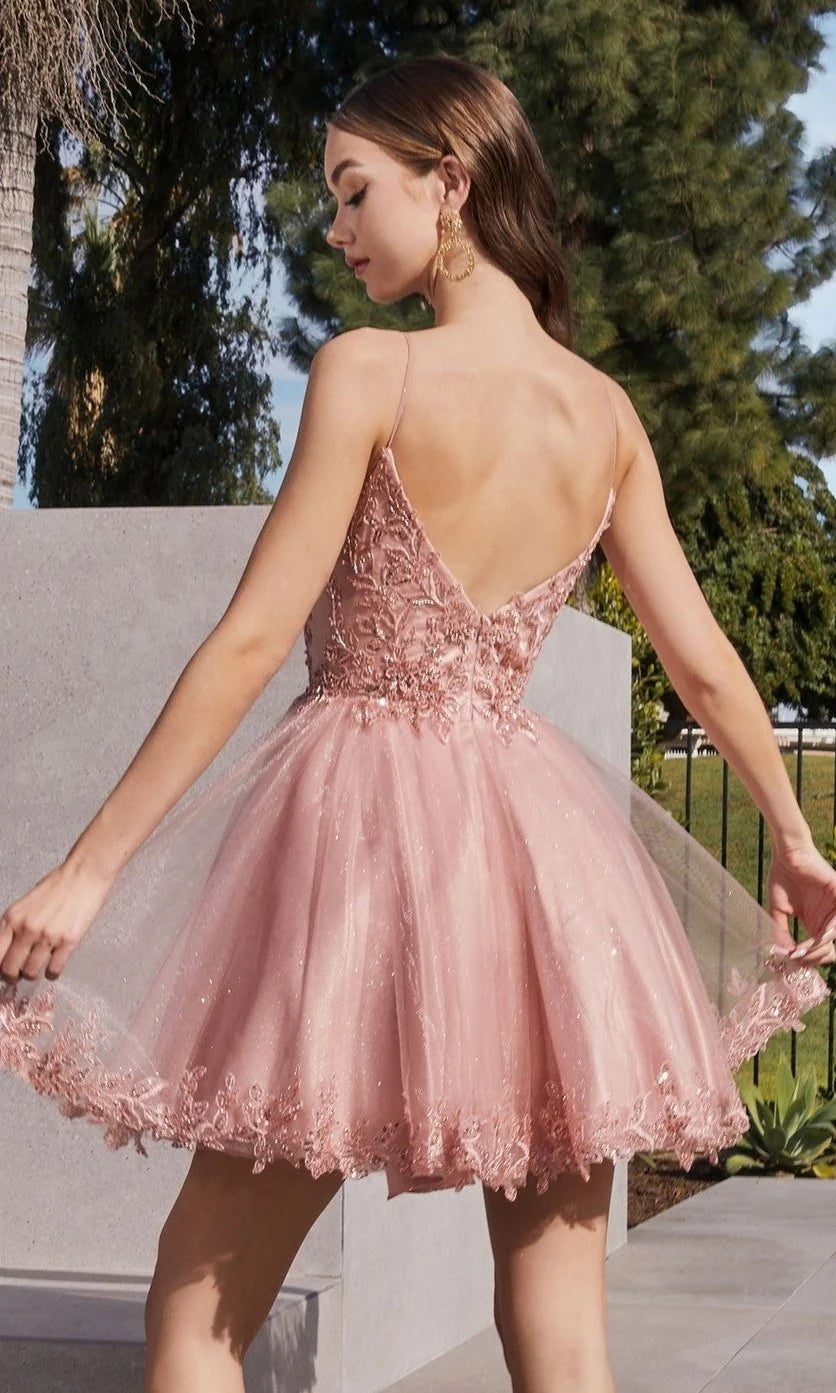 Back view of blush pink floral lace short homecoming dress with spaghetti straps.