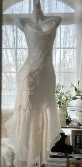Detail of the flowing chiffon fabric on the prom dress.