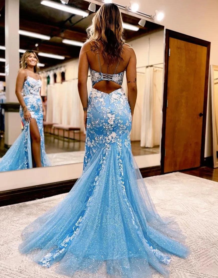 Front view of an elegant mermaid prom dress adorned with delicate appliques.