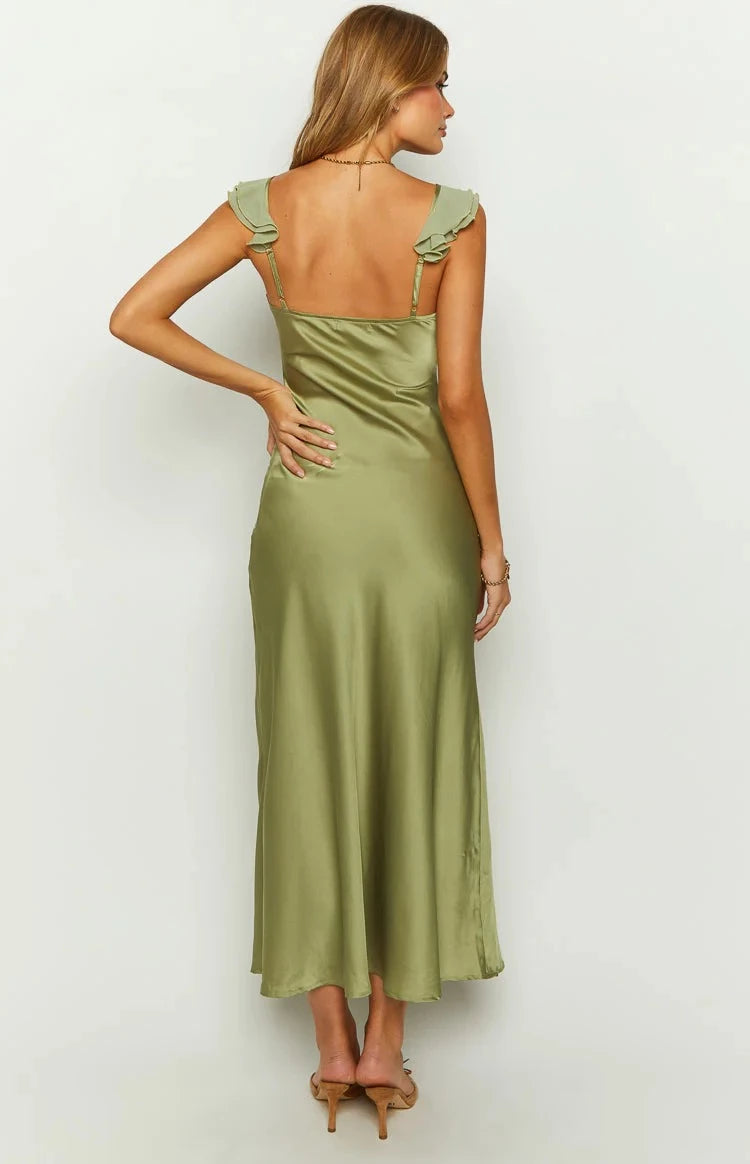 Romantic Slip V Neck Ruffle Sleeve Open Back Floor Length Prom Dress