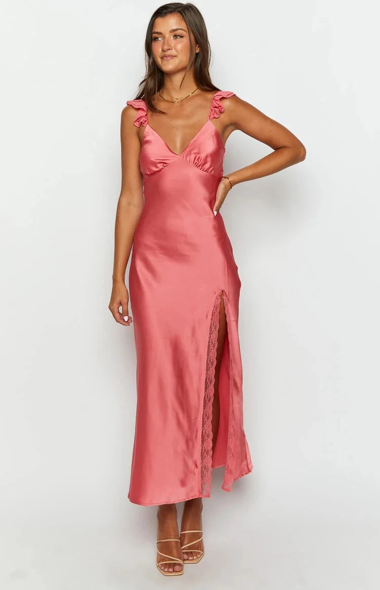 Romantic Slip V Neck Ruffle Sleeve Open Back Floor Length Prom Dress