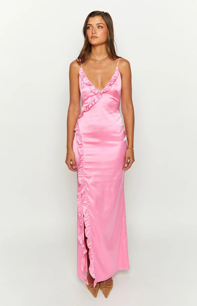 Romantic Slip V Neck Spaghetti Strap Open Back Floor Length Prom Dress