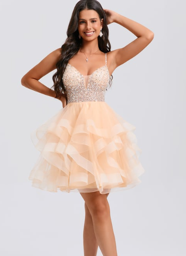 Romantic V-neck short tulle homecoming dress with beading and sequins, front view.