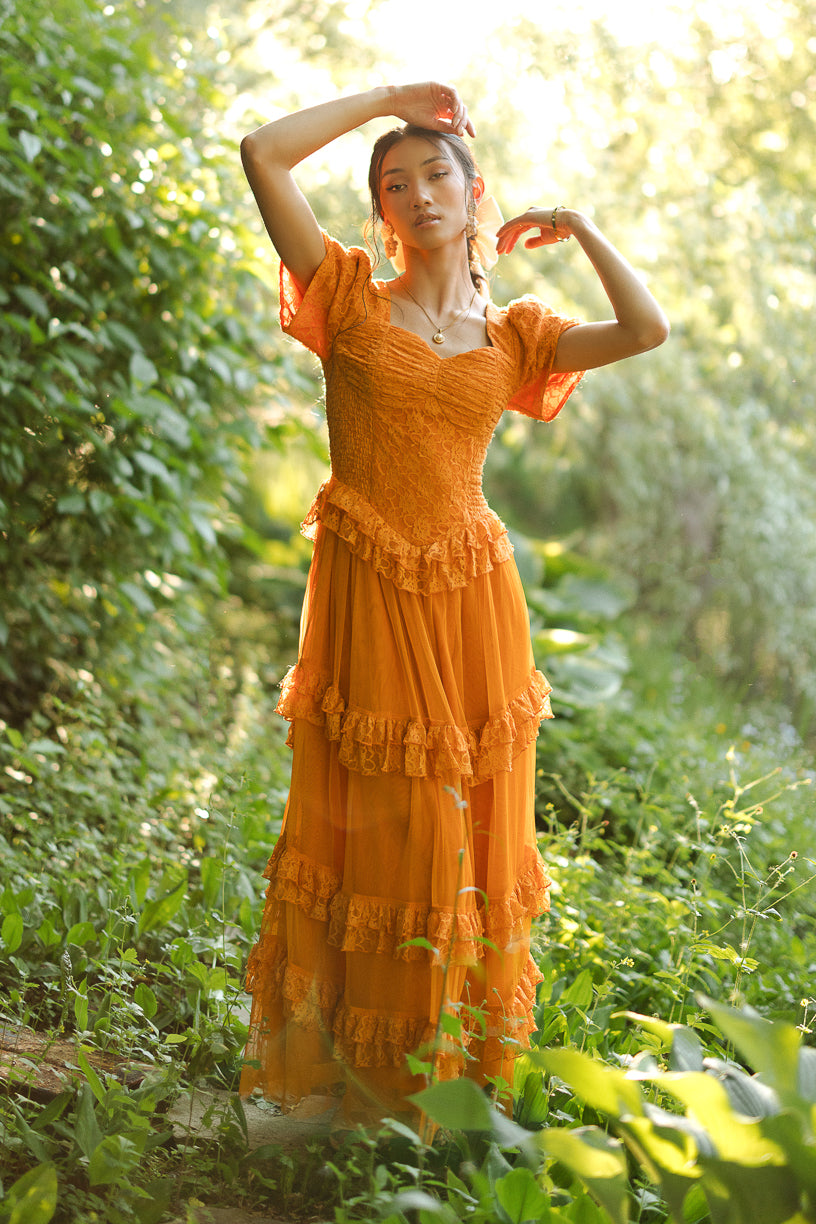 Romantic A Line Puff Sleeve Sweetheart Neck Lace and Tulle Tiered Maxi Prom Dress in Orange for Formal Events