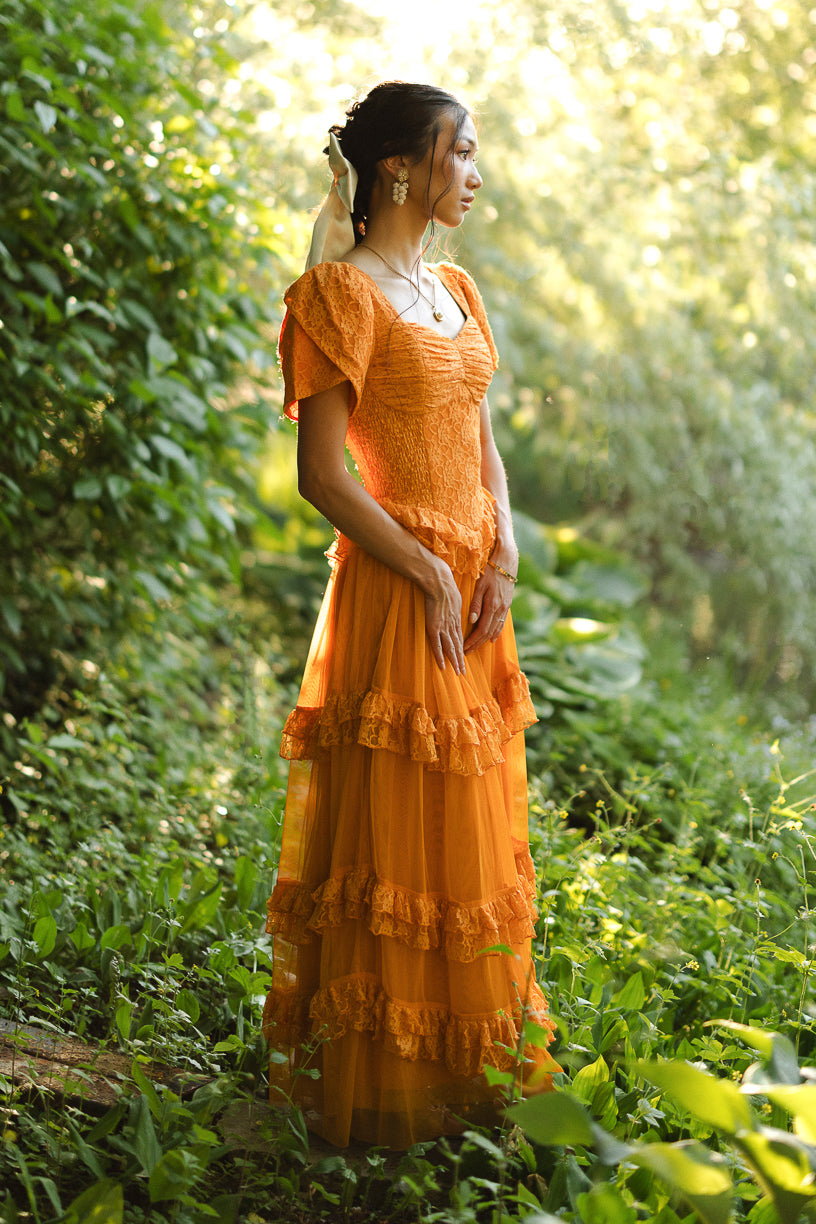 Romantic A Line Puff Sleeve Sweetheart Neck Lace and Tulle Tiered Maxi Prom Dress in Orange for Formal Events