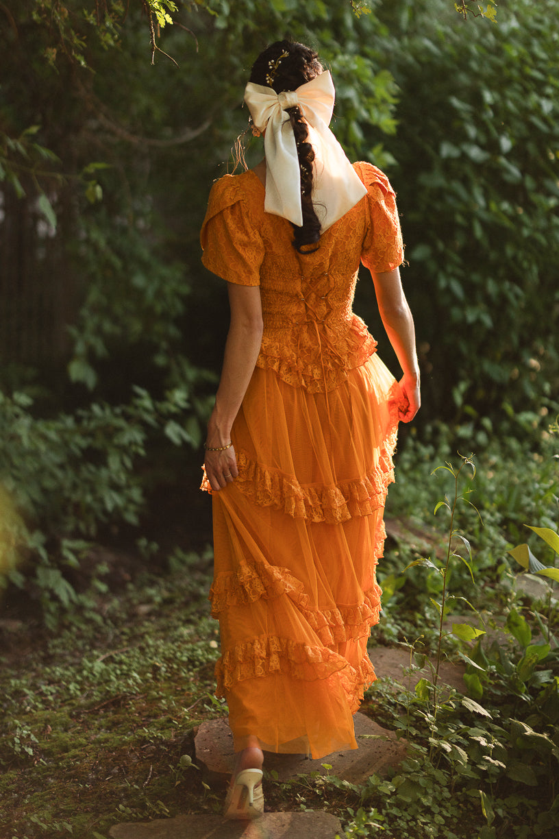 Romantic A Line Puff Sleeve Sweetheart Neck Lace and Tulle Tiered Maxi Prom Dress in Orange for Formal Events