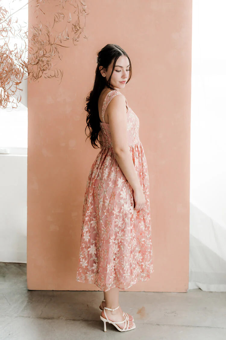 Romantic A Line Square Neck Sleeveless Corset Back Floral Embroidered Midi Prom Dress for Formal Events