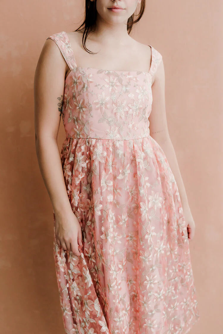 Romantic A Line Square Neck Sleeveless Corset Back Floral Embroidered Midi Prom Dress for Formal Events