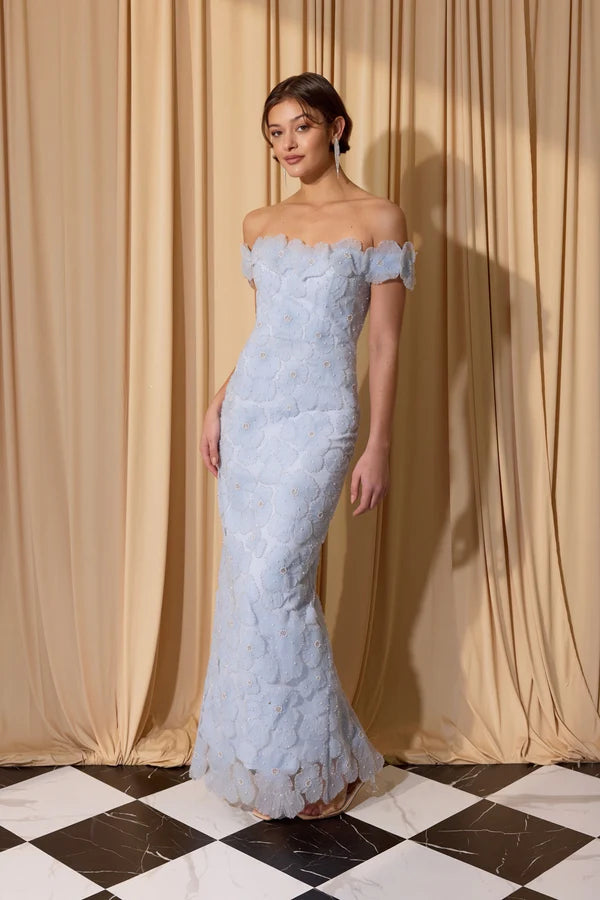 Romantic Mermaid Off-the-Shoulder 3D Floral Lace Midi Prom Dress in Light Blue or Pink for Formal Events