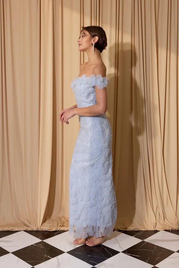 Romantic Mermaid Off-the-Shoulder 3D Floral Lace Midi Prom Dress in Light Blue or Pink for Formal Events