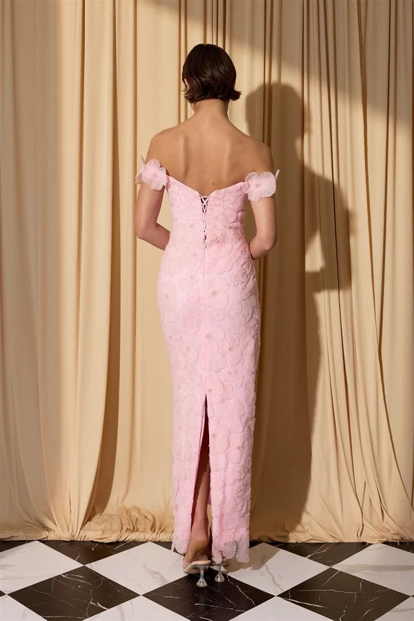 Romantic Mermaid Off-the-Shoulder 3D Floral Lace Midi Prom Dress in Light Blue or Pink for Formal Events