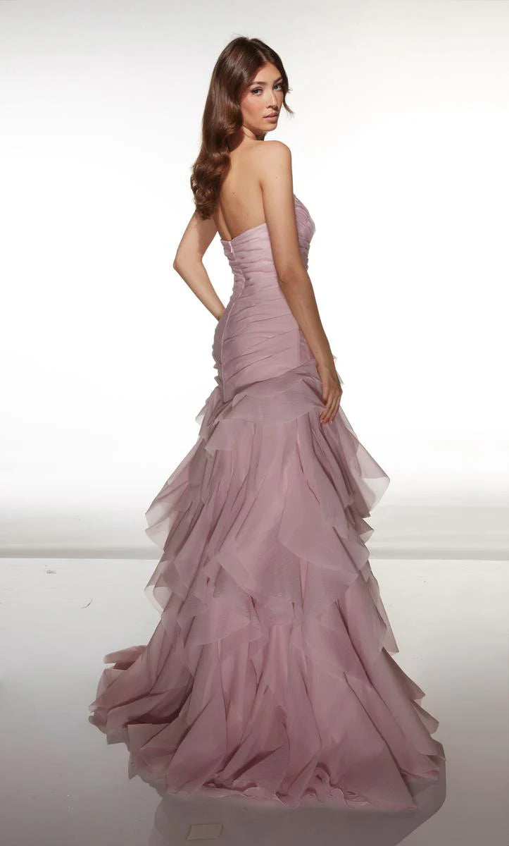 Romantic Mermaid Strapless Sweetheart Neck Tiered Ruffled Tulle Long Prom Dress in Light Blue for Formal Events