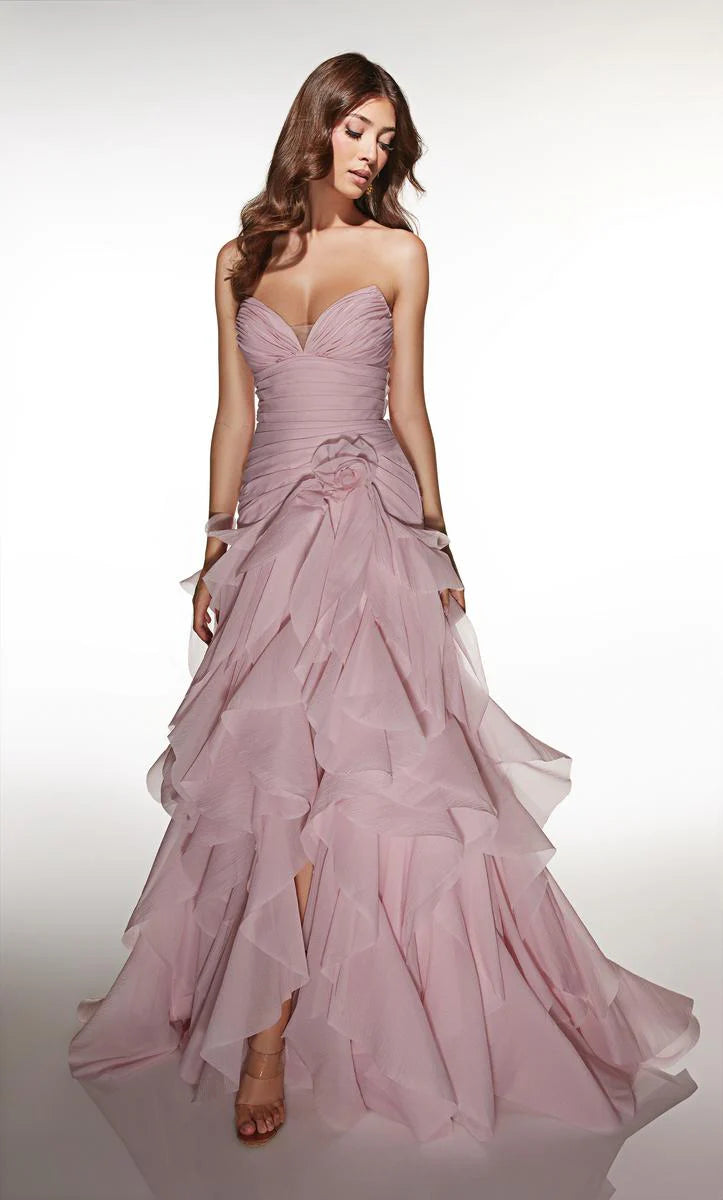 Romantic Mermaid Strapless Sweetheart Neck Tiered Ruffled Tulle Long Prom Dress in Light Blue for Formal Events