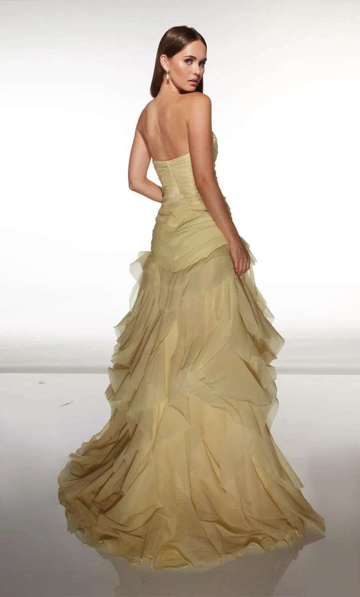 Romantic Mermaid Strapless Sweetheart Neck Tiered Ruffled Tulle Long Prom Dress in Light Blue for Formal Events