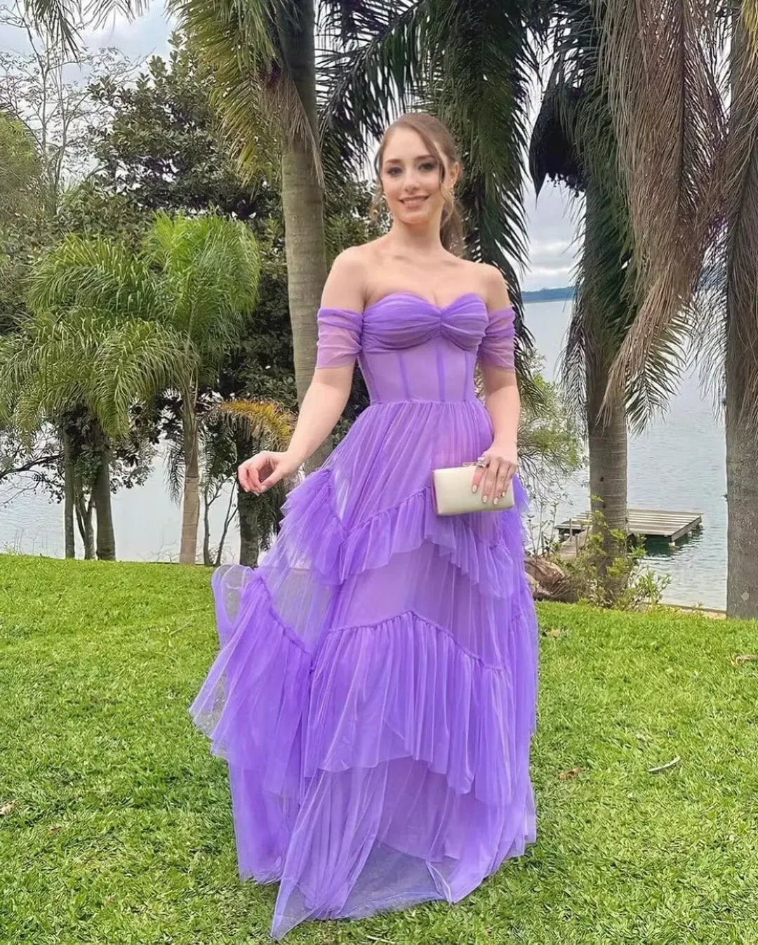Romantic Off The Shoulder Sweetheart Corset Tiered Tulle A-Line Maxi Prom Dress