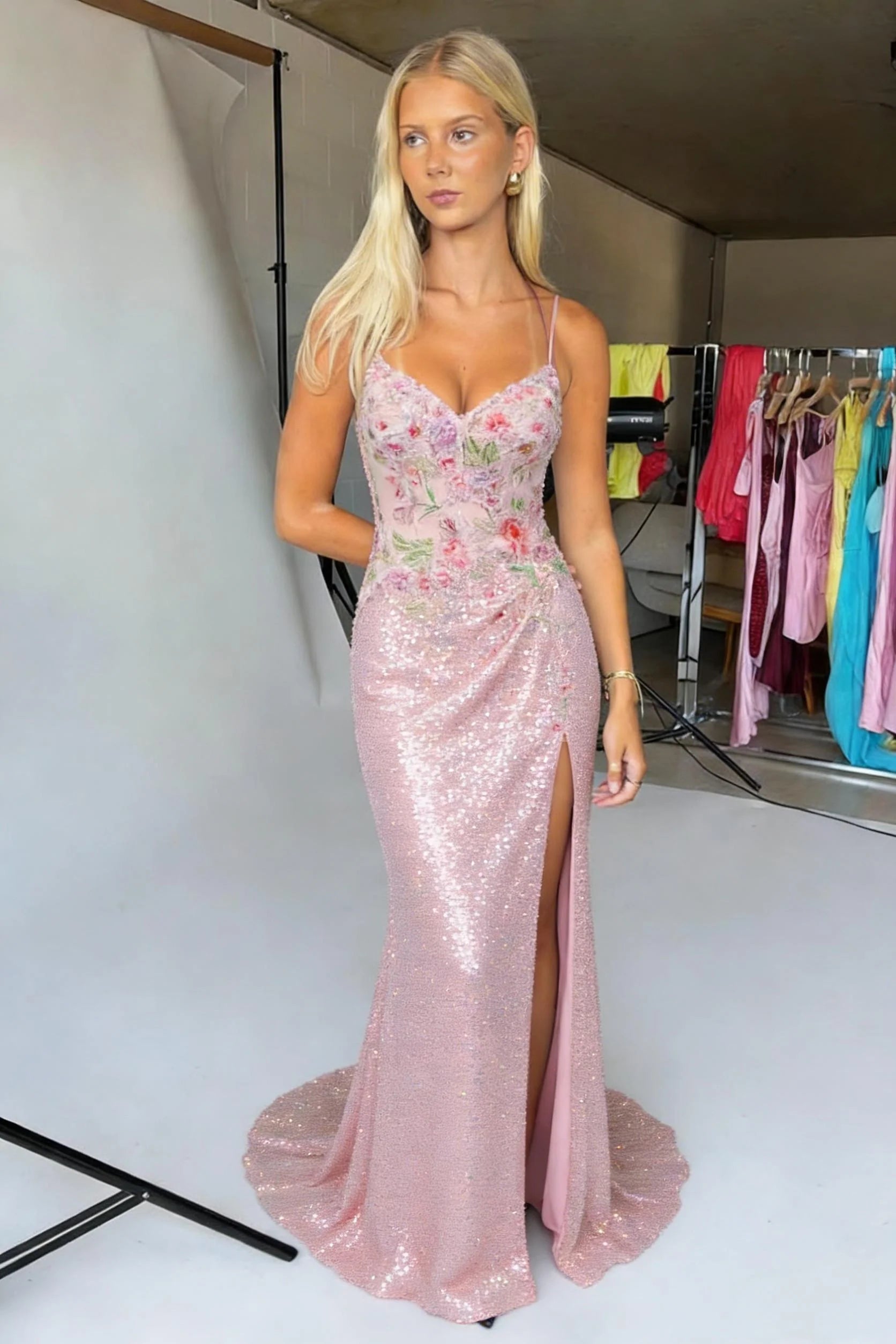 Romantic Spaghetti Strap Floral Embellished Sequin Mermaid Prom Dress with Deep V Back and High Slit