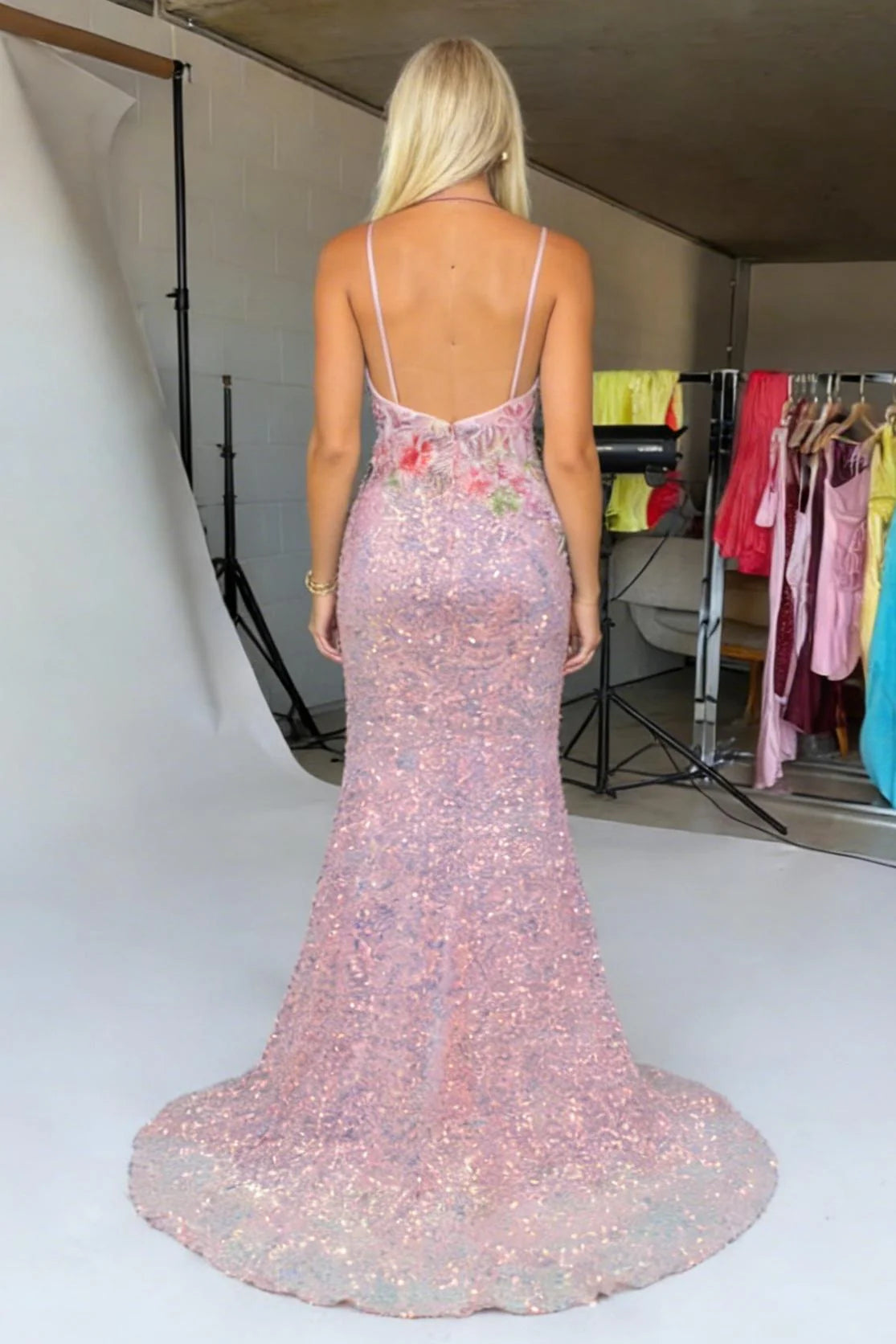 Romantic Spaghetti Strap Floral Embellished Sequin Mermaid Prom Dress with Deep V Back and High Slit