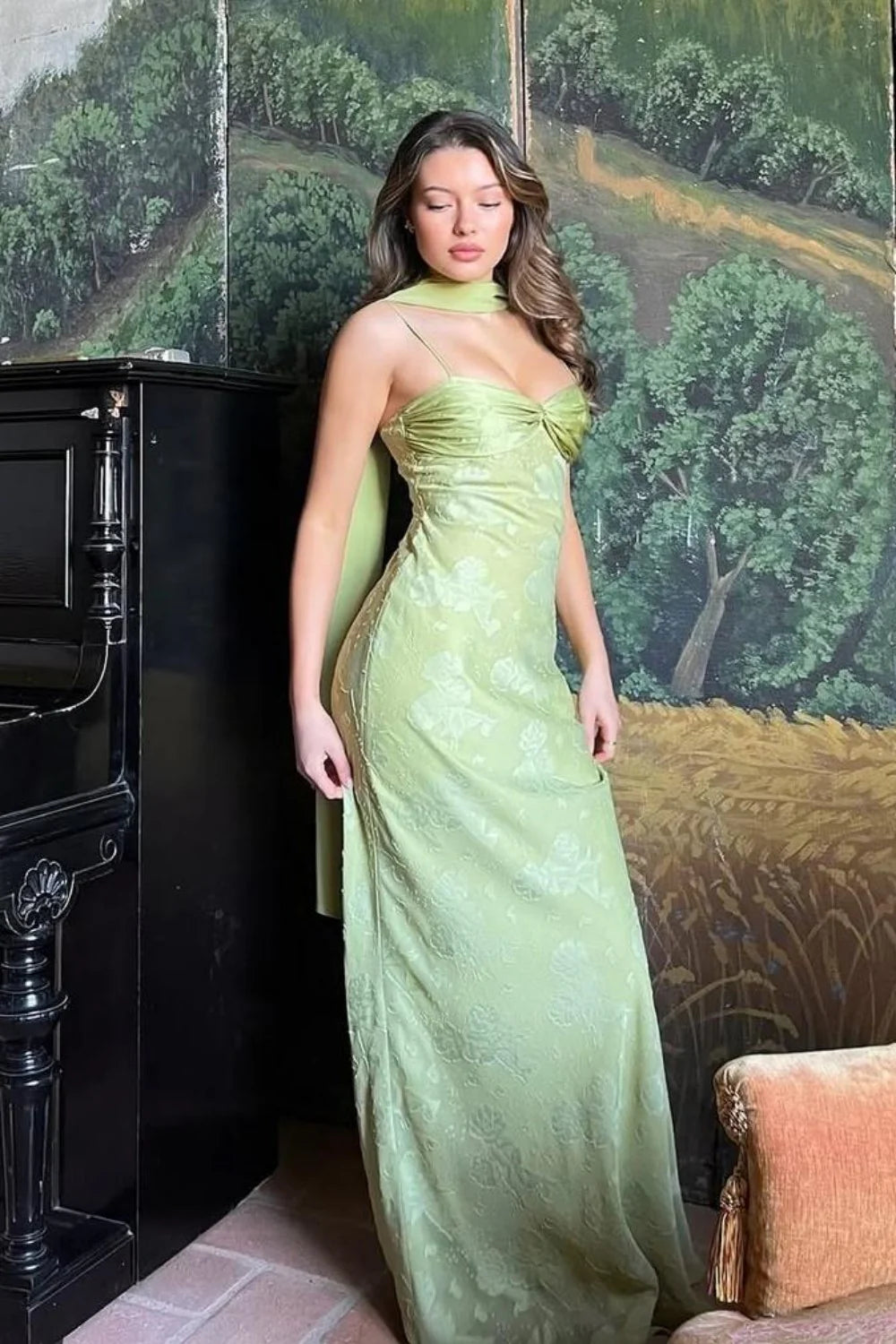 Romantic Spaghetti Strap Floral Jacquard Satin Maxi Prom Dress with Matching Chiffon Scarf Sash