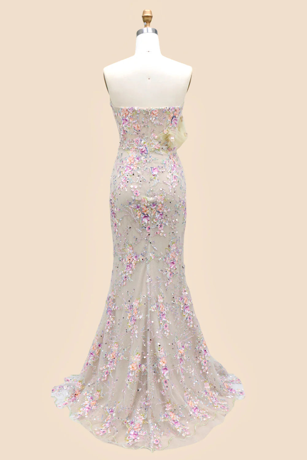 Romantic Strapless One Shoulder Floral Embellished Tulle Mermaid Prom Dress with High Slit and Sheer Overlay