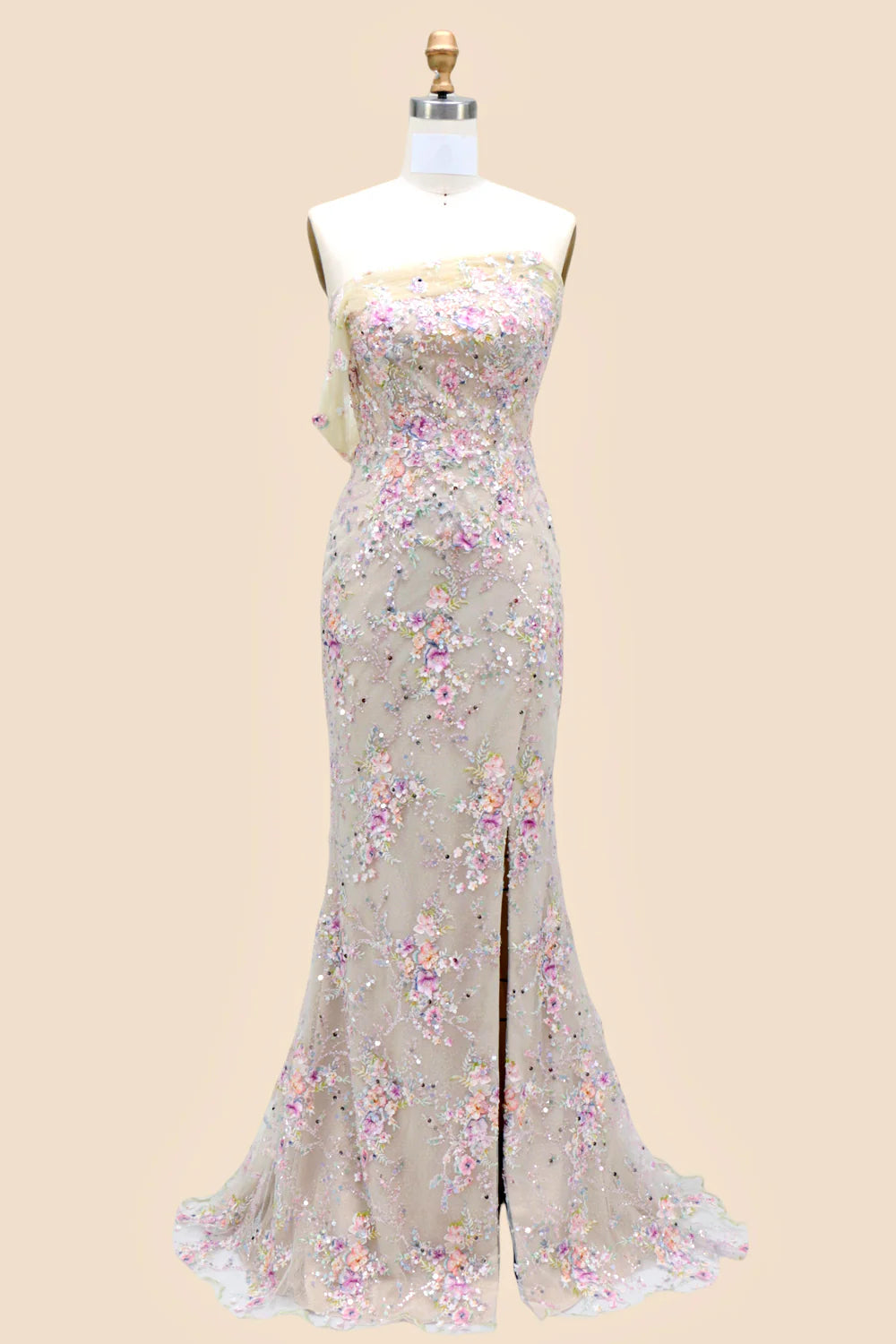 Romantic Strapless One Shoulder Floral Embellished Tulle Mermaid Prom Dress with High Slit and Sheer Overlay