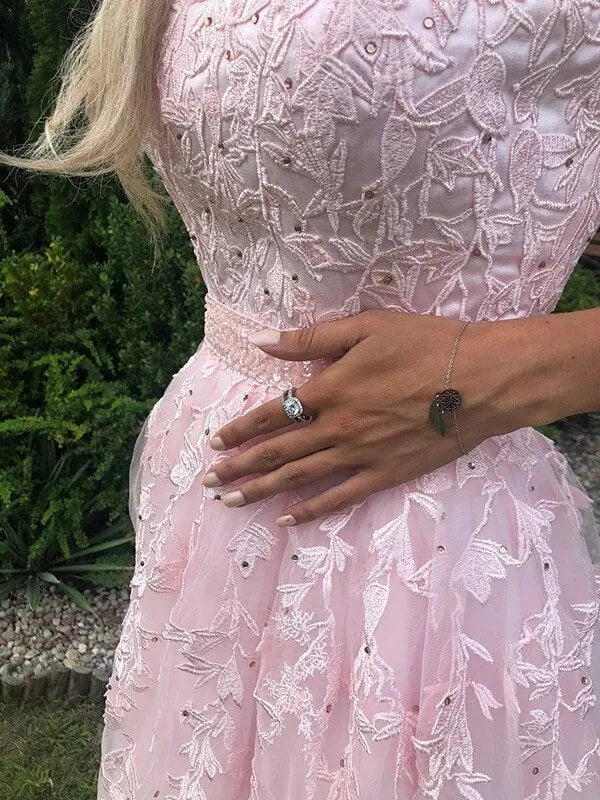 Romantic Strapless Sweetheart Lace Appliqué Beaded Tulle A-Line Maxi Prom Dress with Overskirt