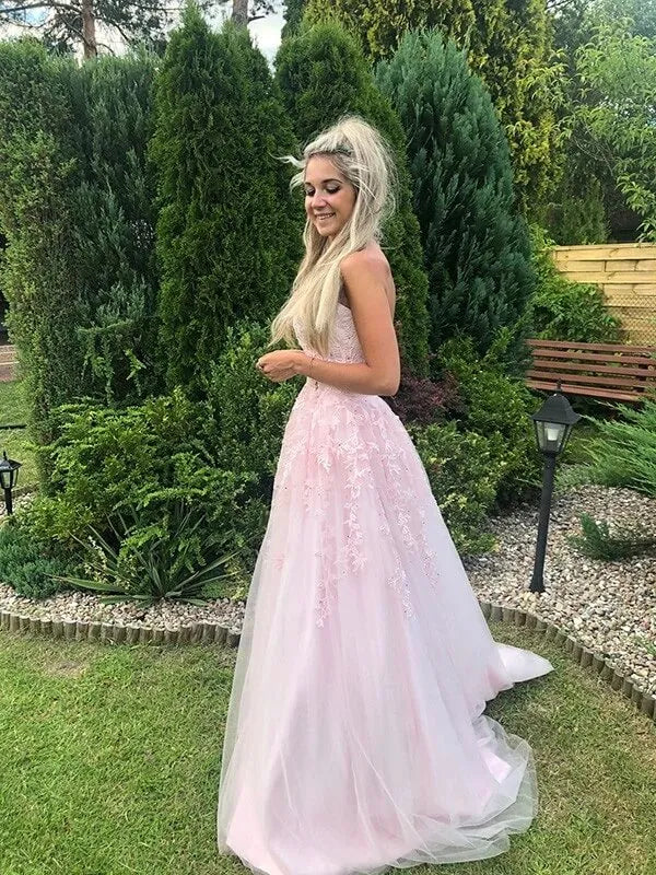 Romantic Strapless Sweetheart Lace Appliqué Beaded Tulle A-Line Maxi Prom Dress with Overskirt