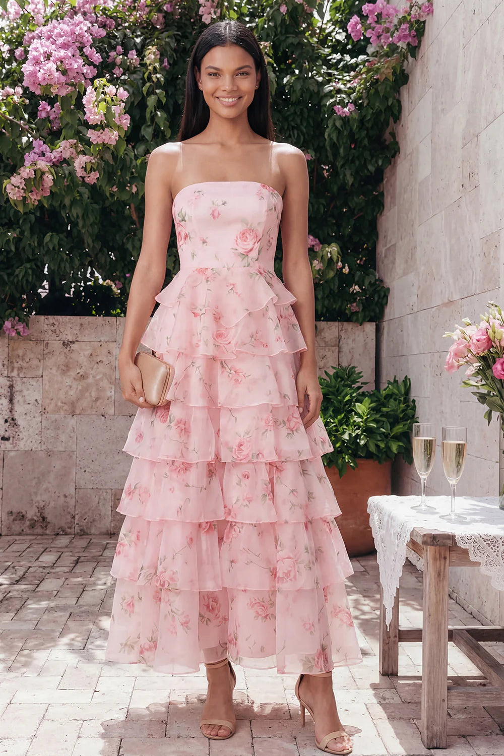 Romantic Strapless Watercolor Pink Rose Print Tiered Ruffle Maxi Dress with Peplum Waist and Open Back Prom Dress
