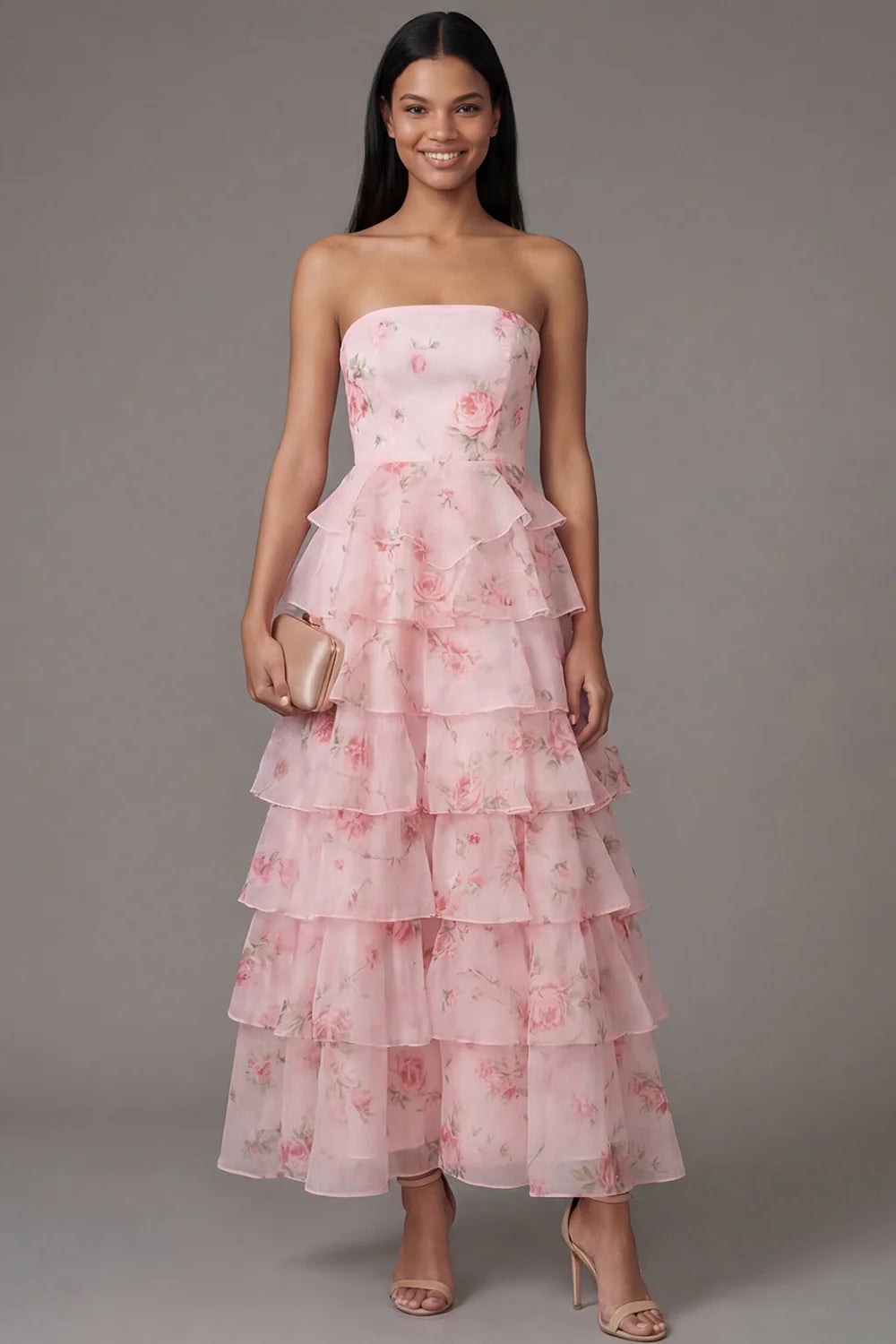 Romantic Strapless Watercolor Pink Rose Print Tiered Ruffle Maxi Dress with Peplum Waist and Open Back Prom Dress
