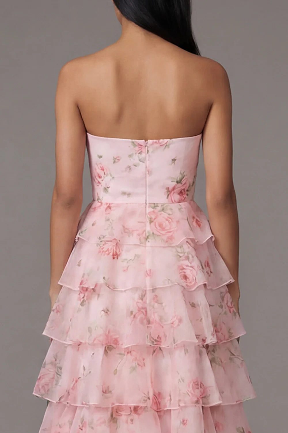 Romantic Strapless Watercolor Pink Rose Print Tiered Ruffle Maxi Dress with Peplum Waist and Open Back Prom Dress