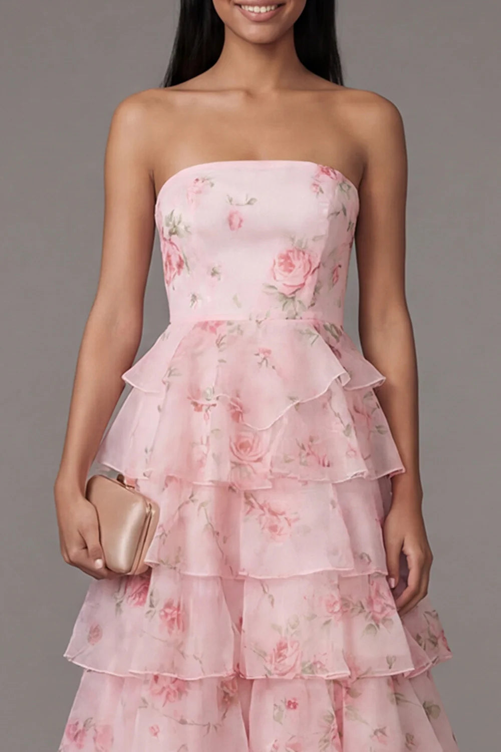 Romantic Strapless Watercolor Pink Rose Print Tiered Ruffle Maxi Dress with Peplum Waist and Open Back Prom Dress