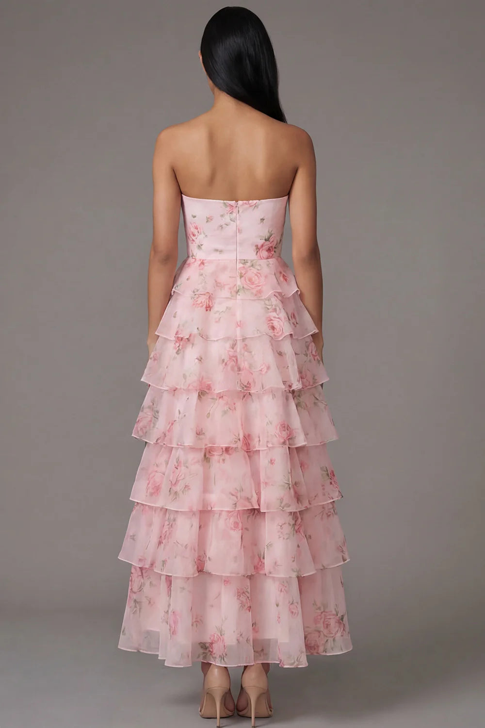 Romantic Strapless Watercolor Pink Rose Print Tiered Ruffle Maxi Dress with Peplum Waist and Open Back Prom Dress