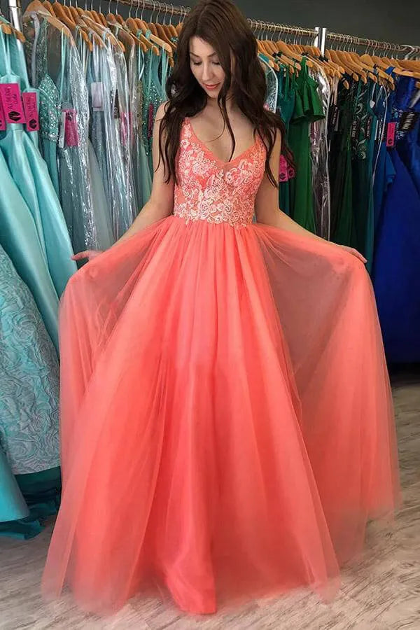 Romantic V Neck Spaghetti Strap Open Back Lace Appliqué Tulle A-Line Maxi Prom Dress