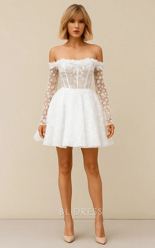 Romantic A-Line Off-Shoulder Long Sleeve Floral White Mini Homecoming Dress