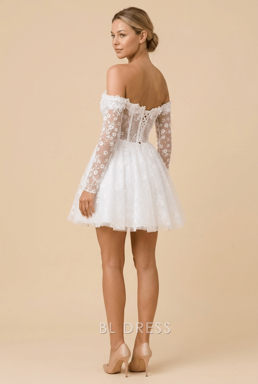 Romantic A-Line Off-Shoulder Long Sleeve Floral White Mini Homecoming Dress