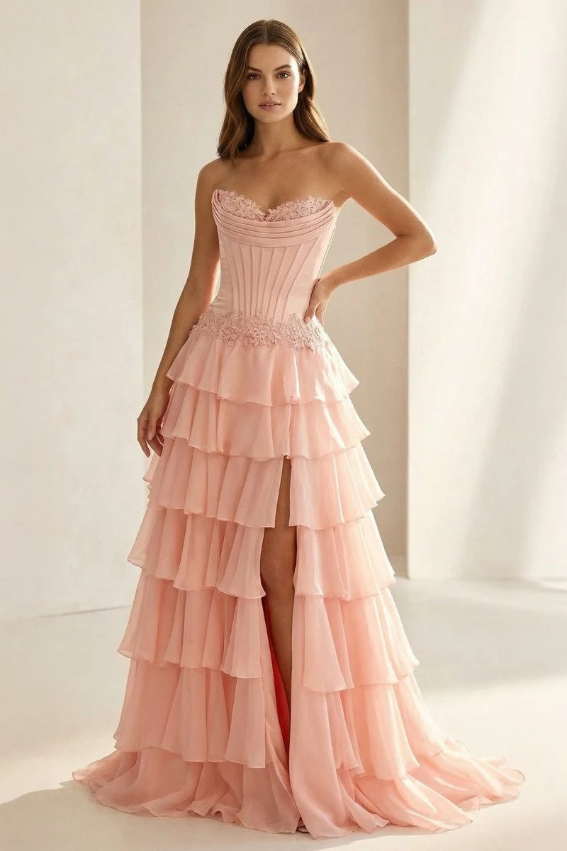 Romantic A-Line Strapless Sleeveless Tiered Slit Pink Long Prom Dresses Women