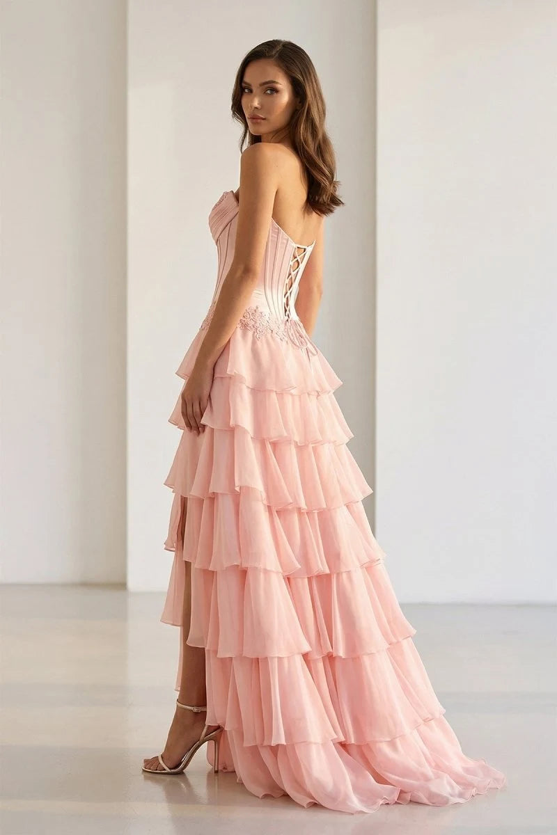 Romantic A-Line Strapless Sleeveless Tiered Slit Pink Long Prom Dresses Women