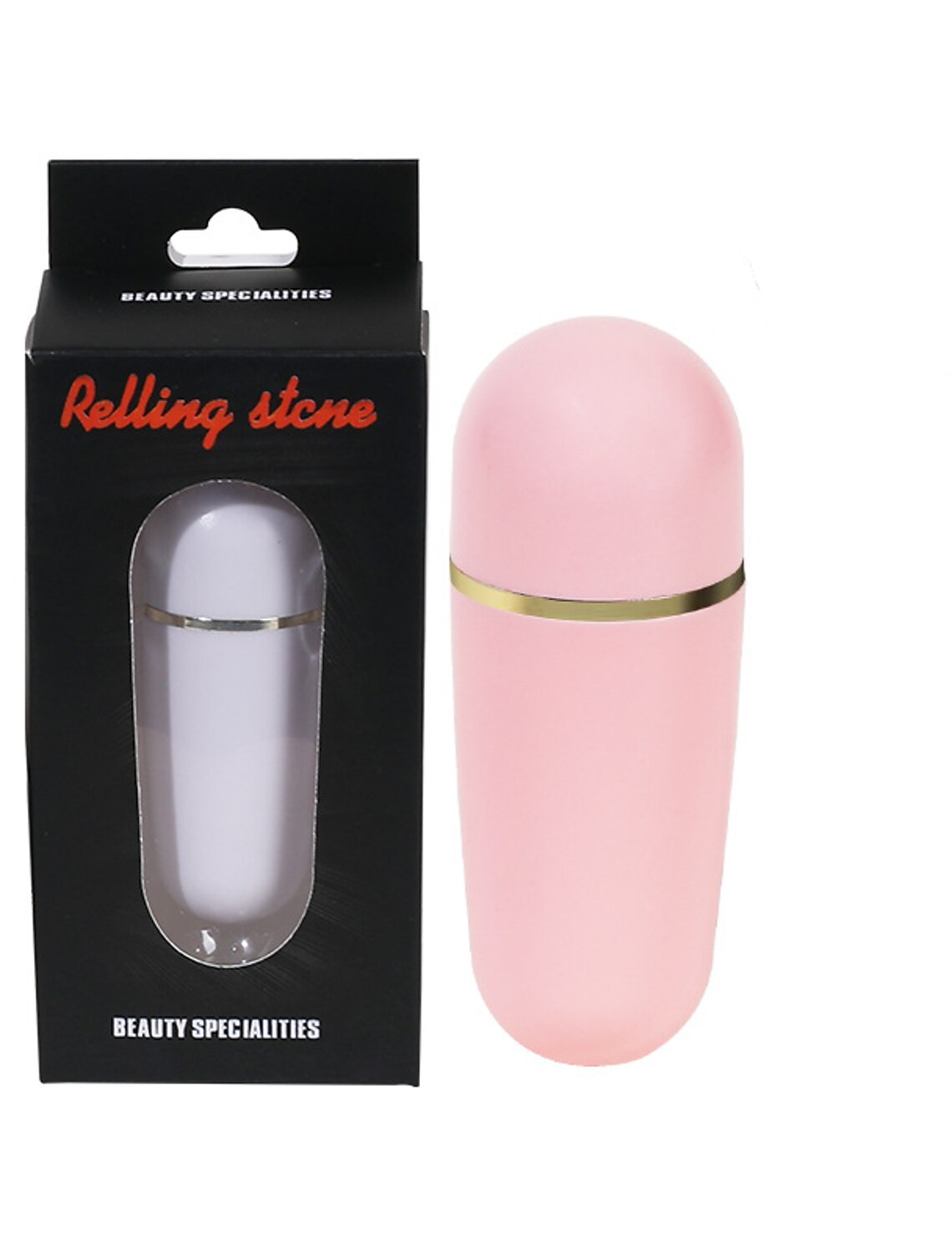 Rose quartz facial roller with a small bottle.
