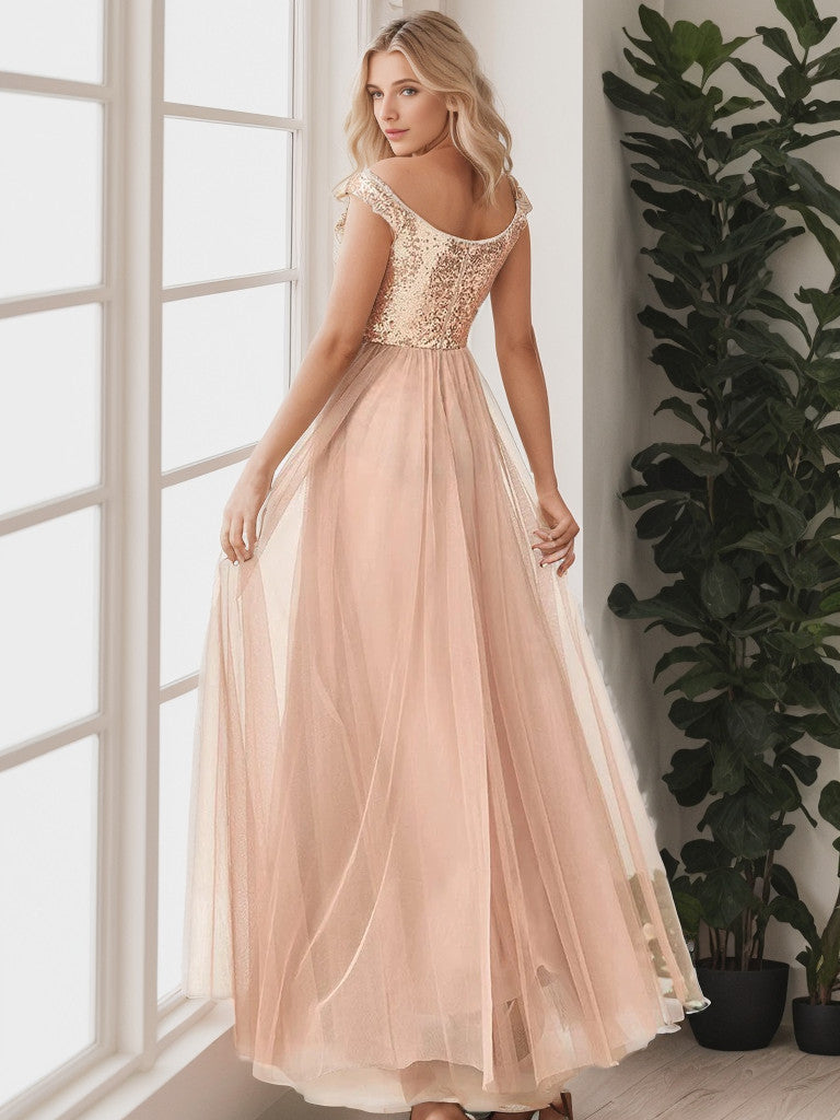 Schulterfreies Maxi-Abendkleid aus Tüll mit glänzendem Pailletten-Oberteil