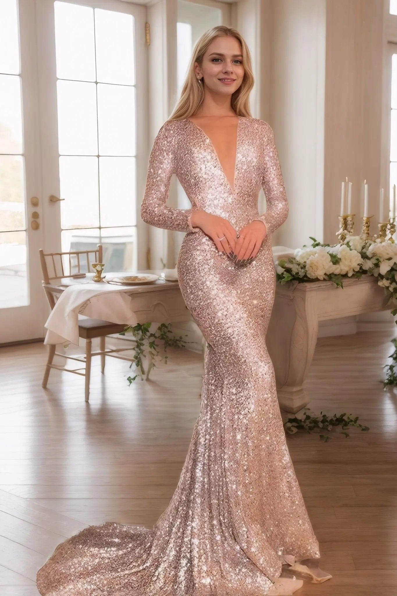 Rose Gold Long Sleeve Sequin Mermaid Prom Dress with Deep V-Neck and Open Back for Formal Events and Prom Nights