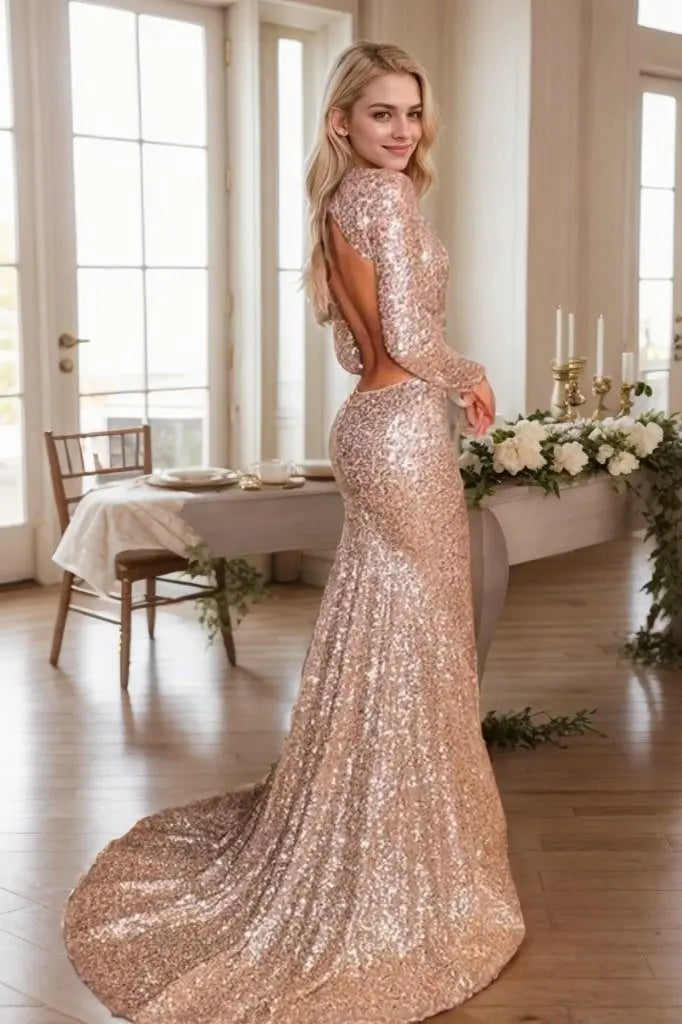 Rose Gold Long Sleeve Sequin Mermaid Prom Dress with Deep V-Neck and Open Back for Formal Events and Prom Nights