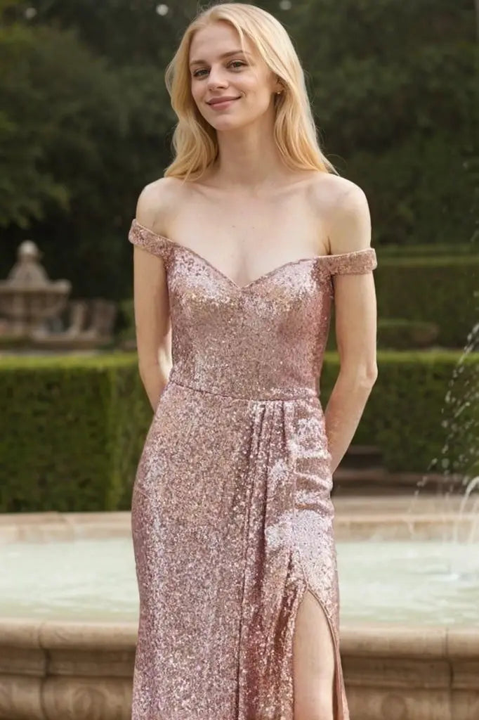Rose Gold Off The Shoulder Sequin Mermaid Prom Dress with High Slit for Formal Events and Prom Nights