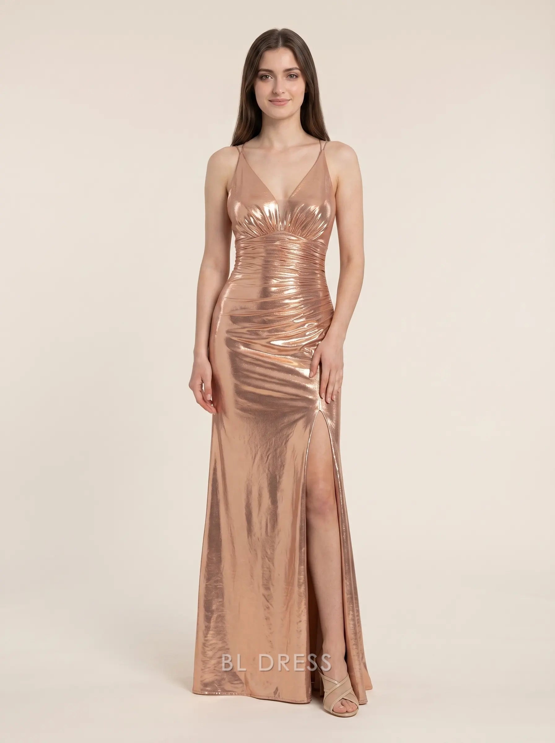 Rose Gold V Neck Spaghetti Strap Ruched High Slit Metallic Jersey Floor Length Formal Evening Prom Dress