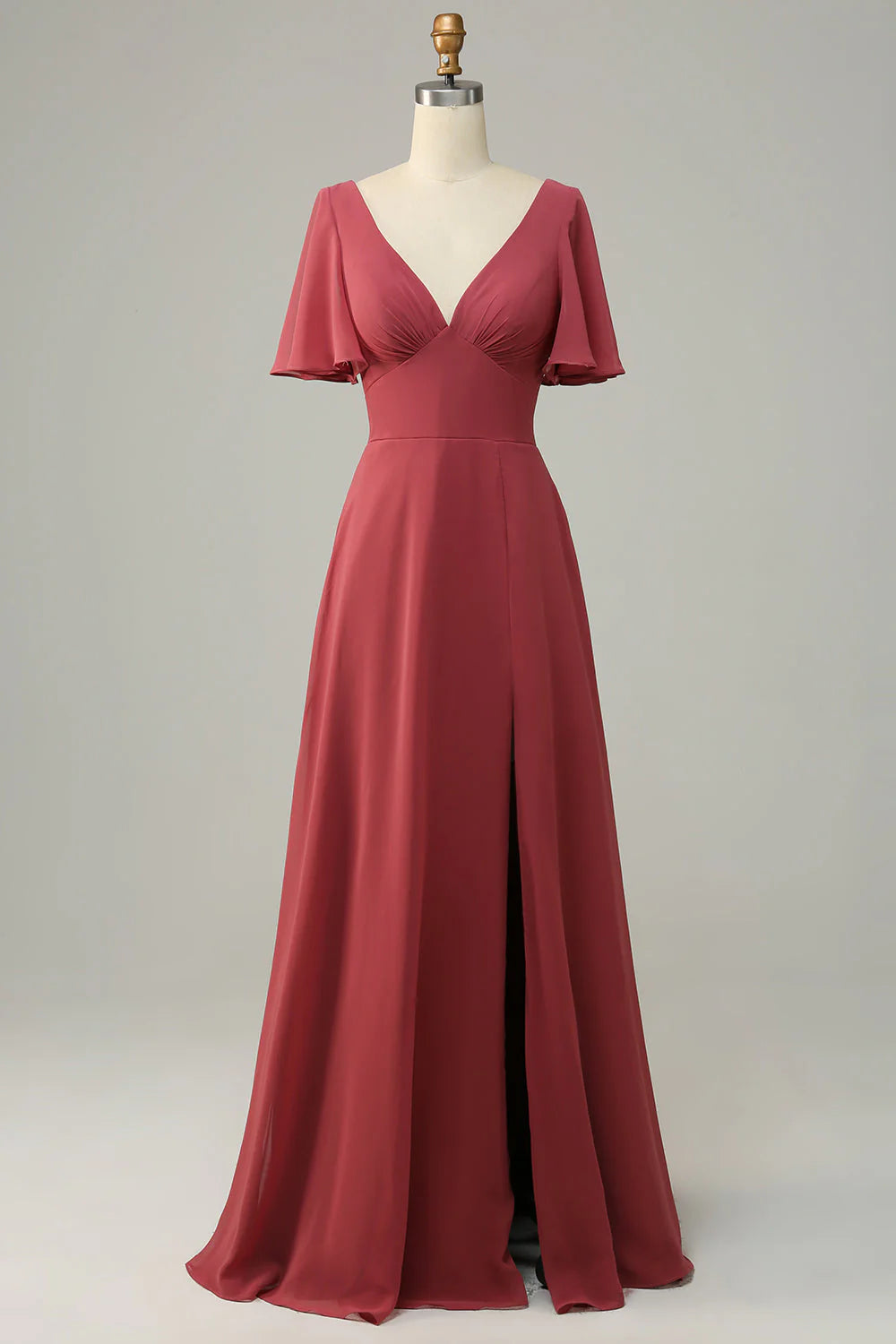 Brautjungfernkleid mit V-Ausschnitt und kurzen Ärmeln und offenem Rücken