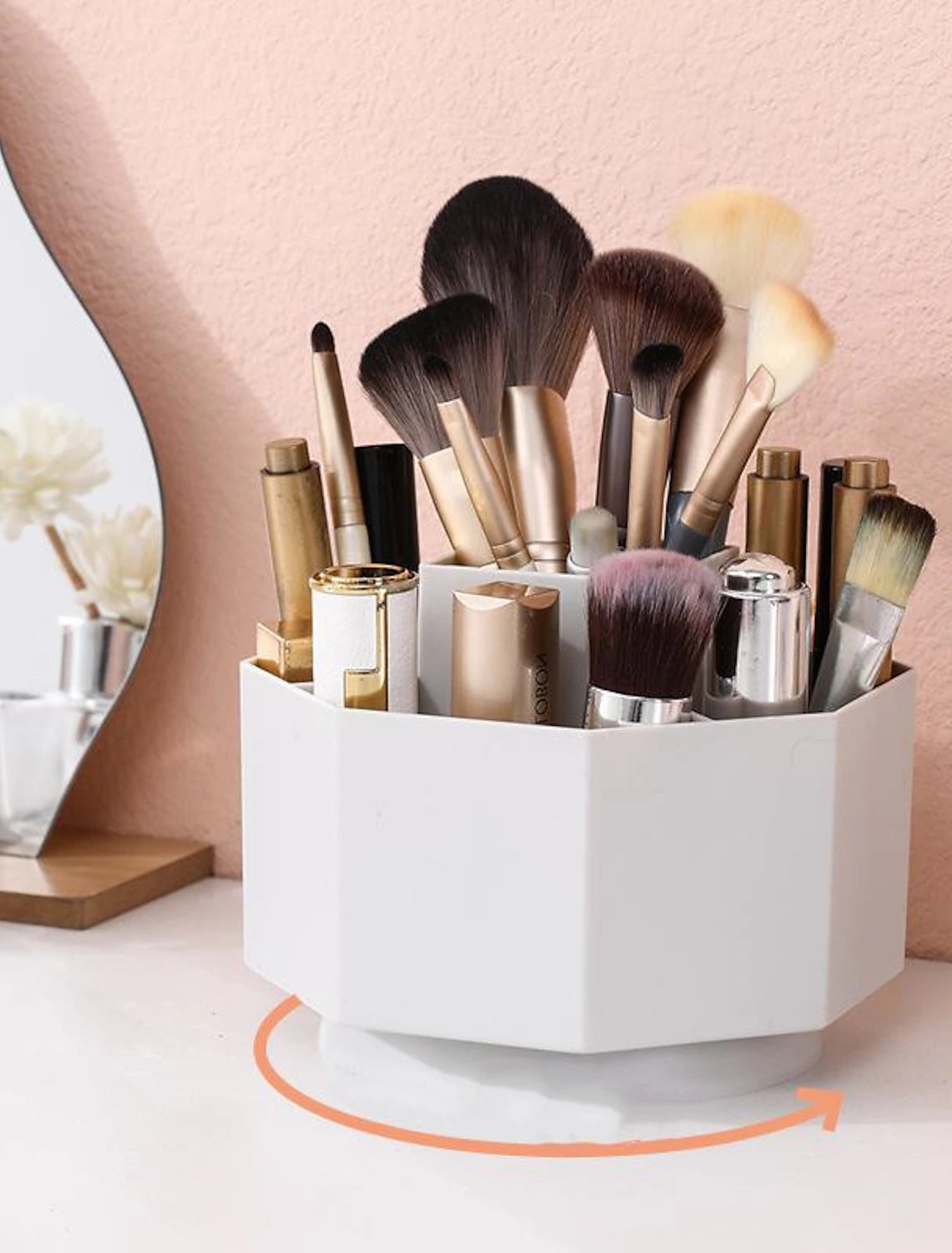 Rotating desktop organizer for office supplies.